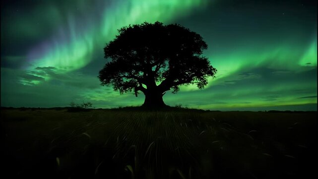 Majestic lone tree silhouette under a vibrant glowing green aurora borealis night sky