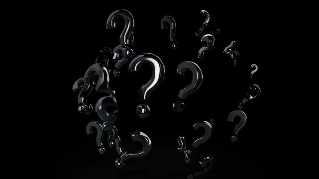 Numerous question marks swirling in a dark atmospheric void representing confusion and inquiry with subtle motion