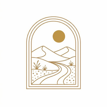 Minimal bohemian line art illustration of desert sand dunes and winding path