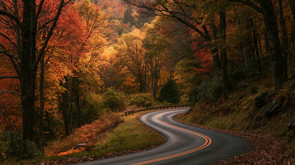 Naklejka premium S-shaped winding road through a vibrant autumn forest. Scenic landscape for travel and nature tourism.