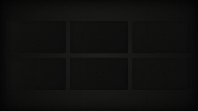 Dark six-panel grid layout mimicking a CCTV security surveillance monitor or camera viewfinder interface with subtle vintage film grain, moving vertical lines, and minimalistic crosshair details.