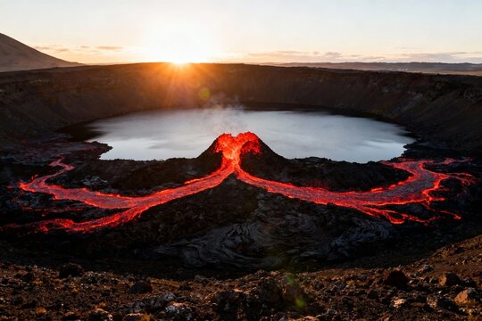 Lava flows from a volcanic crater at sunset, illuminating the surrounding landscape with molten rock and a reflective lake.