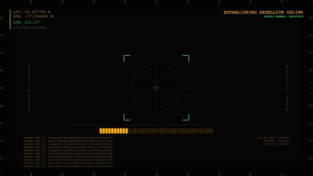 Futuristic digital HUD interface establishing satellite uplink with green targeting reticle, telemetry coordinates, data packets, progress bar, and sci-fi spy agency control room atmosphere.