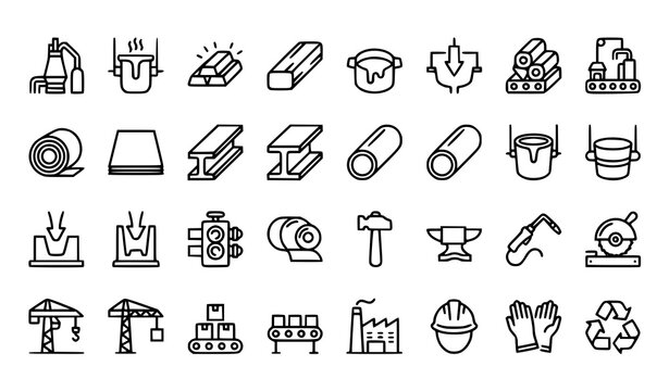 Metallurgy and steel industry editable stroke line icon set featuring furnaces molten metal casting forging machinery pipes beams ingots and industrial equipment