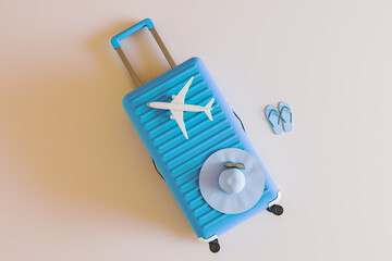 Fototapeta premium Top view of blue suitcase with airplane, sunhat, sunglasses, and flip flops for travel vacation essentials on a light abstract background. 3D Rendering