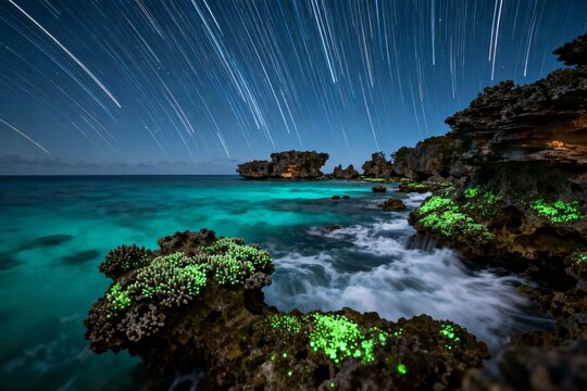 Star trails over glowing coral reef at night with turquoise ocean and rocky formations