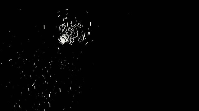 Dynamic white sparks and glowing debris particles exploding and scattering across a dark black background, perfect for industrial welding overlays, action VFX, and energetic motion designs.