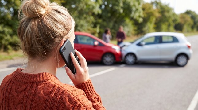 Woman calling emergency services after road traffic collision and car crash on highway