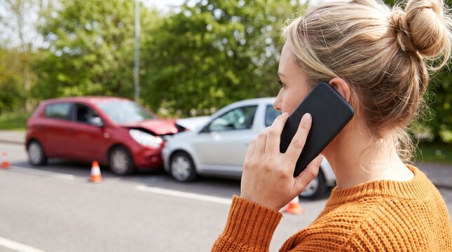 Woman Calling Emergency Services On Phone After Two Car Accident On Road