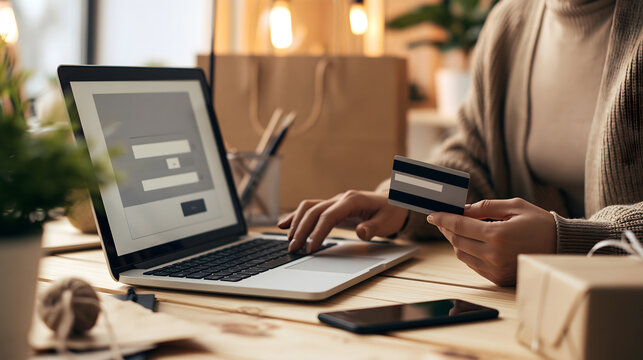 online shopping payment concept, business professional using a generic credit card beside a laptop showing a modern checkout interface, smartphone and shopping package nearby, contemporary home