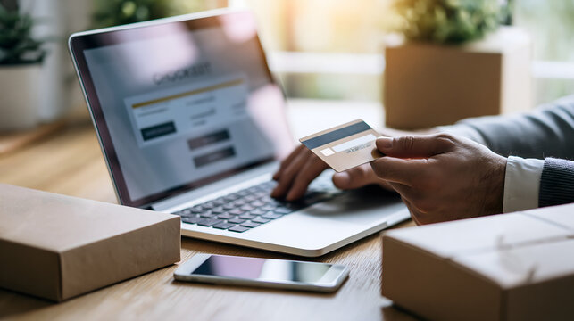 online shopping payment concept, business professional using a generic credit card beside a laptop showing a modern checkout interface, smartphone and shopping package nearby, contemporary home