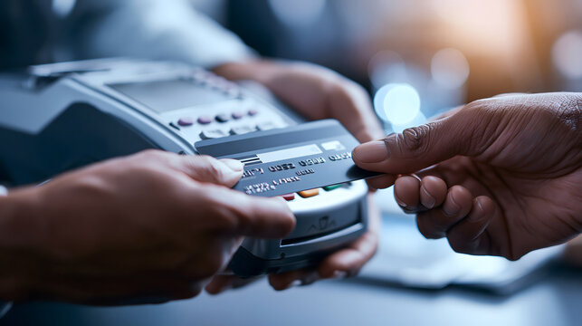 secure financial transaction concept, close up of hands making a credit card payment through a modern POS terminal, subtle digital security interface in background, professional business environment,