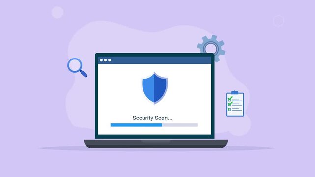 Animated laptop with Security Scan interface, shield, search, checklist, and gear icons, representing cybersecurity, system protection, software scanning, and digital security.