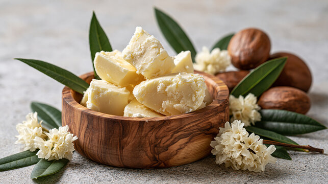 Natural shea butter chunks in a wooden bowl with raw nuts and white flowers. Perfect for organic cosmetics and skincare marketing.
