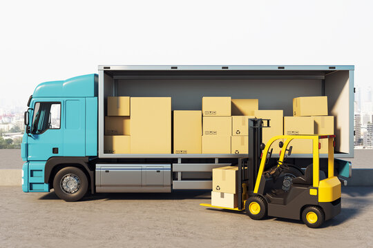 Open cargo truck loaded with cardboard boxes beside a yellow forklift for logistics, delivery, and warehouse transportation concept. 3D Rendering