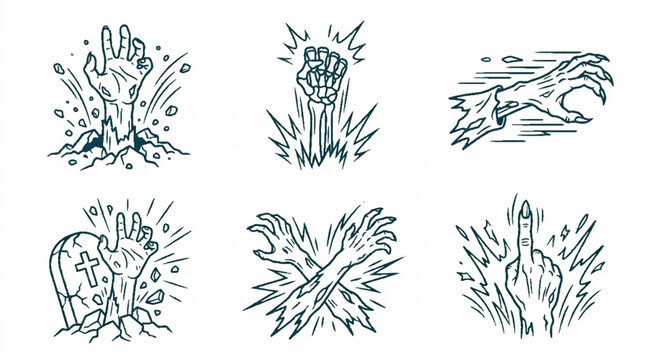 Collection of hand drawn zombie and skeleton arm illustrations for horror themes.
