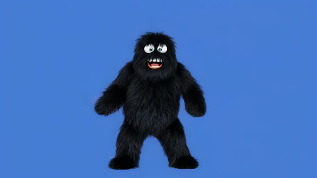 Furry Monkey Character Dancing Joyfully in Studio with Blue Background and Black Stripes
