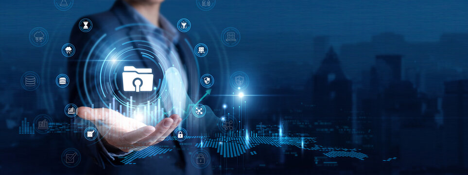 Data Governance Officer Hand Hold Open Data and Public Data global networking data. Information Sharing, Data Transparency, Public Records, Open Analytics