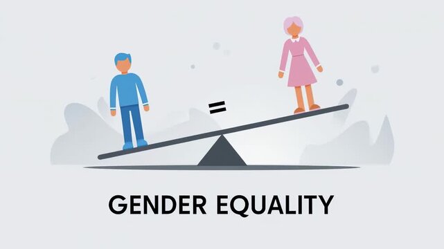 Gender equality balancing scales with male and female figures in flat illustration style