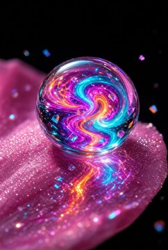 Macro sfavillante di una sfera di vetro magica con nebulosa al neon su petalo bagnato