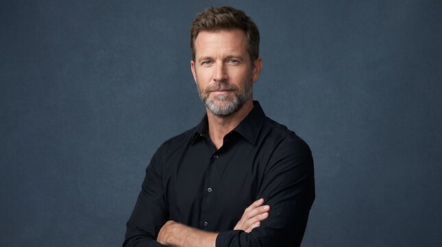 Portrait of confident middle aged man with graying beard standing with crossed arms against grey