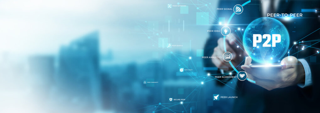 Businessman Using Phone for Peer-to-Peer and Global Data Analysis. P2P Network Connectivity, Decentralized Data Exchange, Direct User Sharing System, Distributed Architecture