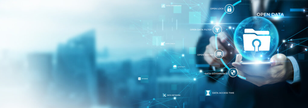 Businessman Using Phone for Open Data and Global Data Analysis. Transparent Information Sharing, Public Database Access, Open Source Analytics, Data Governance Policy