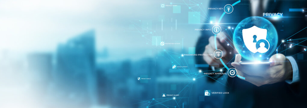 Businessman Using Phone for Privacy and Global Data Analysis. Personal Data Protection, Identity Theft Prevention, Enterprise Privacy Compliance, Confidential Information Security