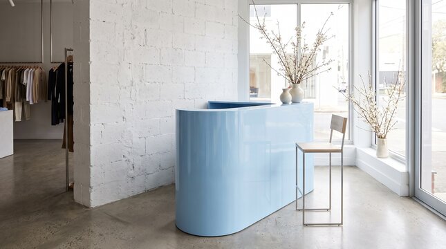 Modern boutique reception desk with curved blue counter in minimalist bright interior design space