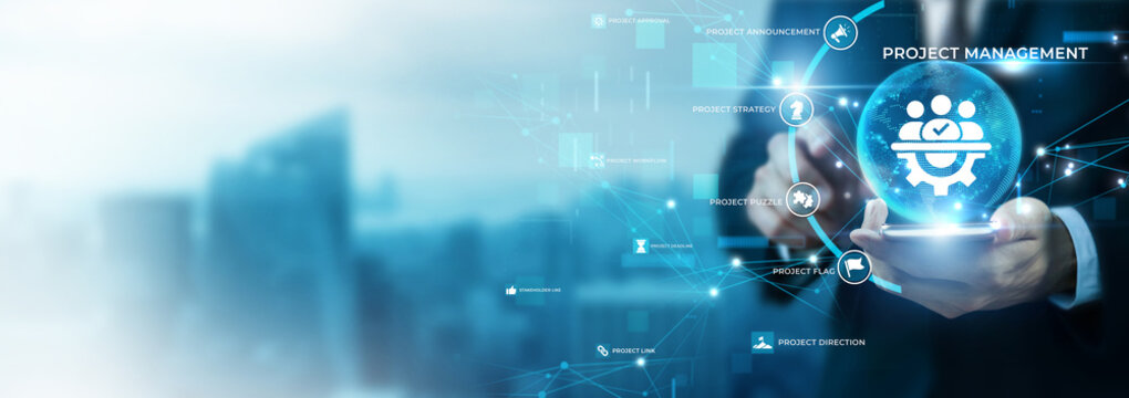 Businessman Using Phone for Project Management and Global Data Analysis. Corporate Task Execution, Team Agile Workflow, Milestones Planning Tracking, Resource Allocation Strategy