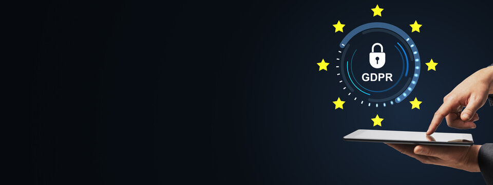 GDPR compliance and data privacy technology concept with secure lock interface, tablet interaction, business protection and generous copy space.