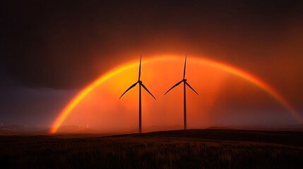 Fototapeta premium Wind turbines at sunset with rainbow.