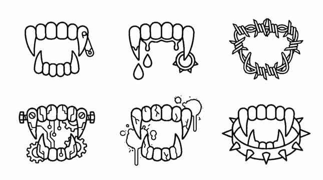 Collection of hand drawn vampire teeth and gothic style mouth illustrations.