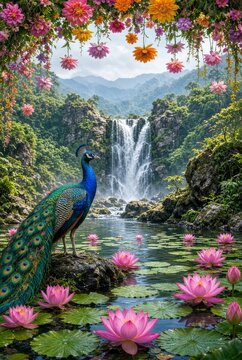Pavone esotico in un paradiso tropicale con laghetto di ninfee e cascata