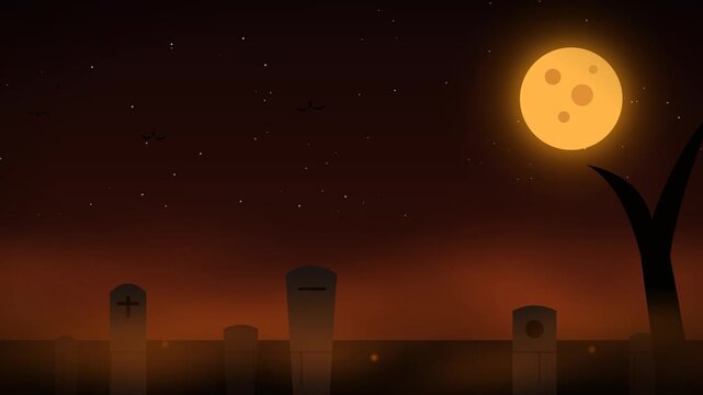 Seamless loop animation of spooky Halloween graveyard with full moon and flying bats. Animated eerie night cemetery with red sky and floating embers for Halloween