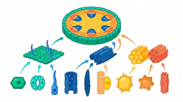 Scientific Illustration of Plant Tissue Hierarchy and Cell Types Diagram