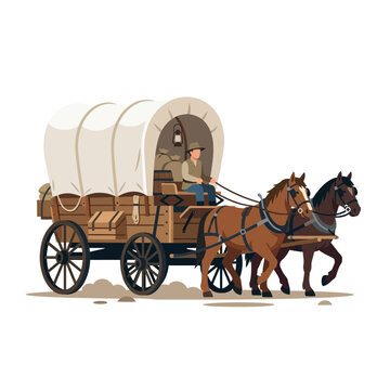 Illustration of a Cowboy Driving a Horse-Drawn Covered Wagon