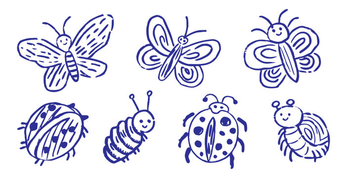 Cute Insects Doodle Set Hand Drawn Butterfly and Ladybug Icons