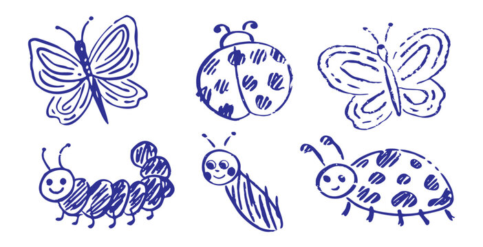 Hand-drawn insect doodles set, cute butterfly and ladybug icons