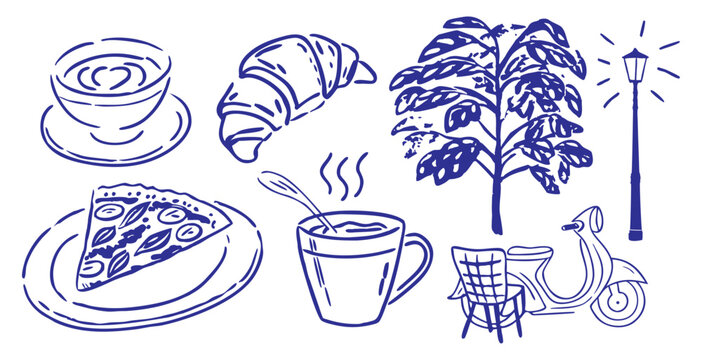 Parisian cafe lifestyle hand drawn doodle vector set