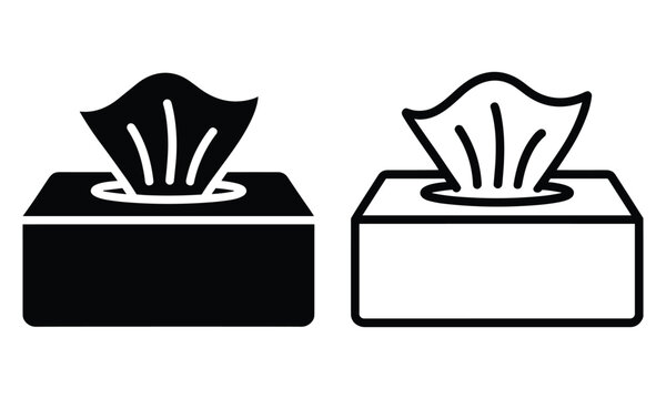 Minimalist tissue box icons in solid and outline styles representing hygiene and cold relief on a clean white background.