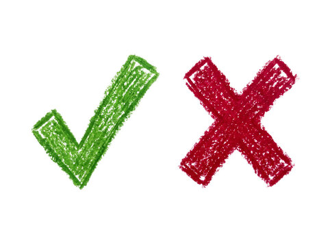 Hand Drawn Green Checkmark and Red Cross Symbols Set for Choice Selection and Evaluation Design Elements on Plain Background