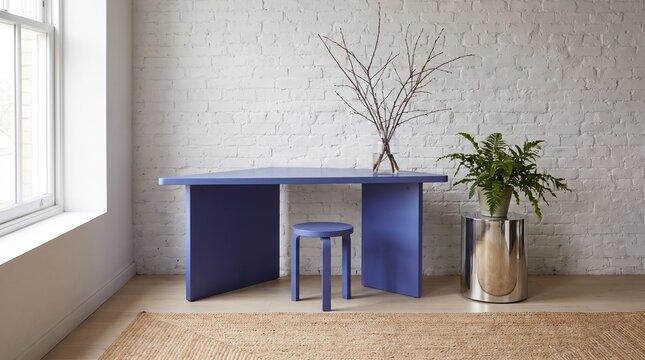 Modern minimalist home office with blue triangular desk and natural light interior design
