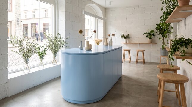 Modern freestanding blue bathtub in bright minimalist bathroom with large window and plants