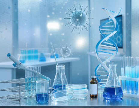 Exploring biotechnology at the intersection of chemistry and genomics: viral contamination, drug development, laboratory tools, and DNA in a blue hue depicting virus spread.