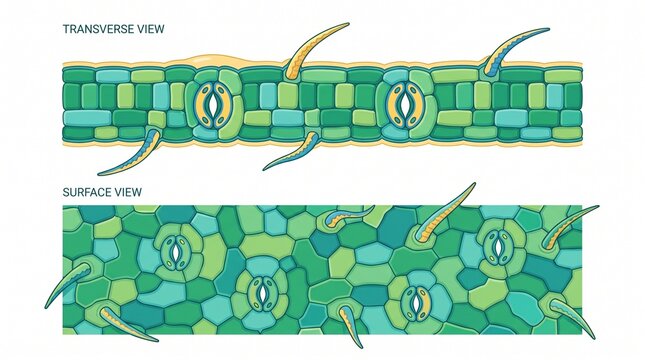 Plant Epidermal Tissue Anatomy Diagram with Stomata and Trichomes Illustration