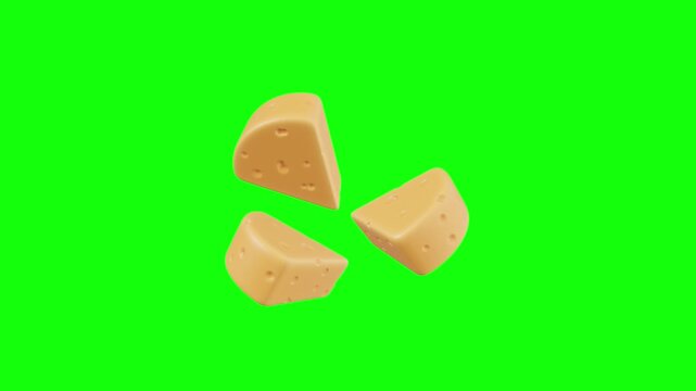 Floating cheese pieces 3D animated on green screen background.