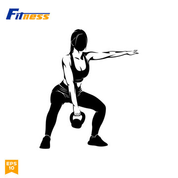 Woman doing kettlebell fitness exercise silhouette vector illustration for gym, workout logo, and fitness crossfit poster.