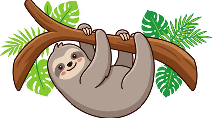 Naklejka premium Cute cartoon sloth hanging on a tree branch with green leaves illustration