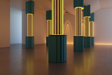 Fototapeta premium Modern neon columns installation in an empty contemporary interior, glowing architectural design with dramatic light and polished floor. 3D Rendering
